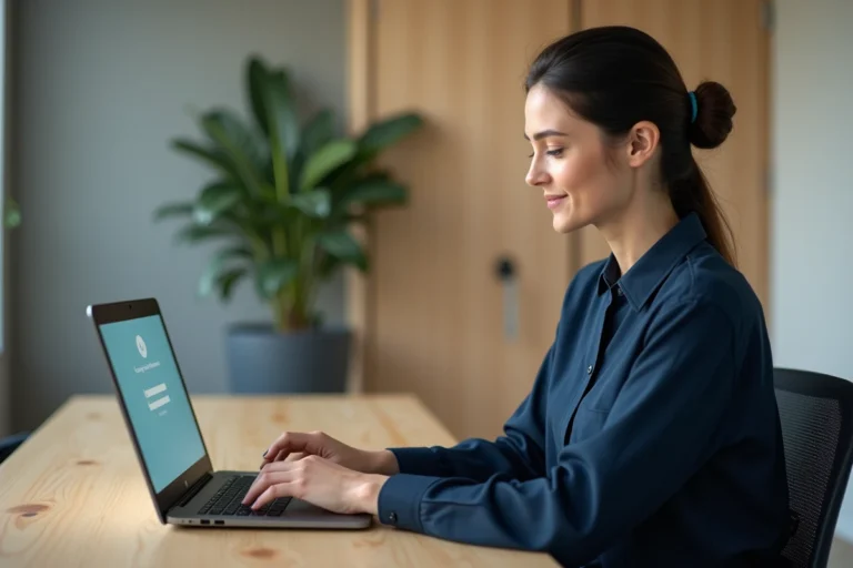 Femme professionnelle accédant à l'espace affilié Securitest sur un ordinateur portable dans un bureau moderne