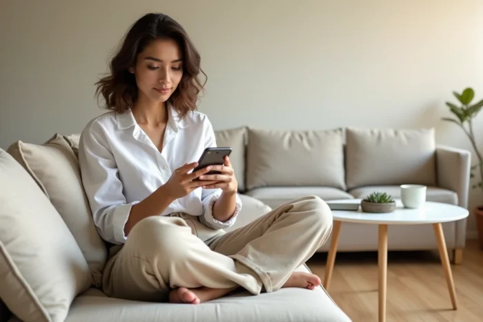 Jeune femme lisant les actualités web 2024 sur smartphone dans un salon scandinave