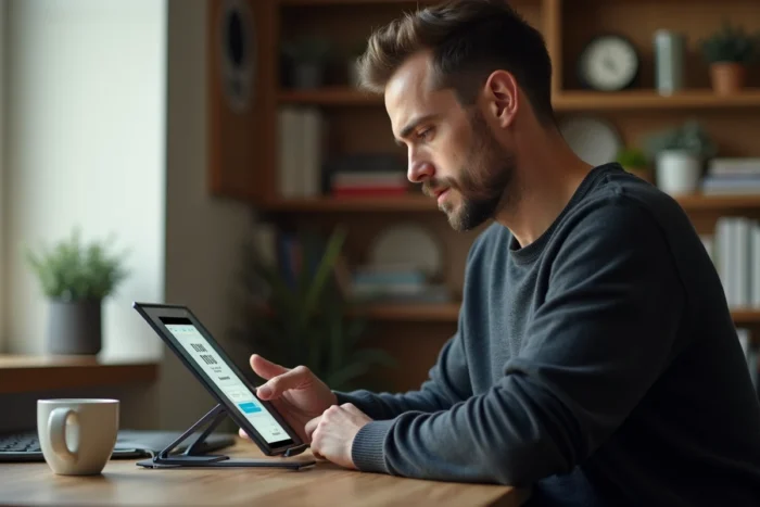 Affilié Securitest se connectant à son espace personnel via une tablette dans un bureau à domicile