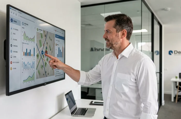 Agent immobilier pointant des graphiques de prix sur un écran tactile dans une agence immobilière moderne