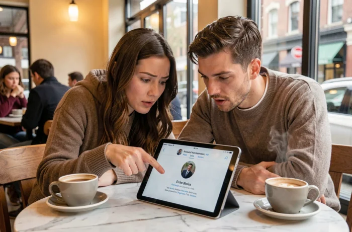 Deux amis dans un café consultant une tablette pour accéder à un profil Facebook bloqué