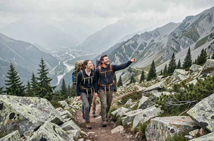 Groupe d'amis randonneurs en veste polaire sur un sentier montagneux avec vue sur une vallée alpestre