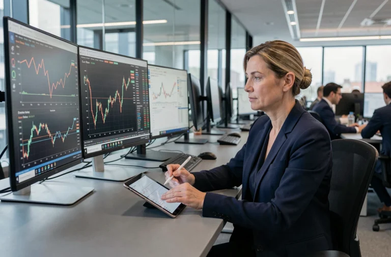 Analyste financière étudiant les données de l'indice Euro PX1 sur des écrans dans un bureau de trading moderne