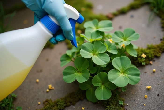 Application d'un traitement chimique herbicide au pulvérisateur sur des plants d'oxalis entre des pavés de jardin