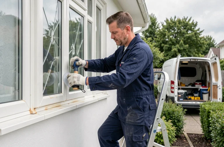 Artisan posant une vitre de remplacement sur une fenêtre PVC d'une maison individuelle lors d'une intervention d'urgence