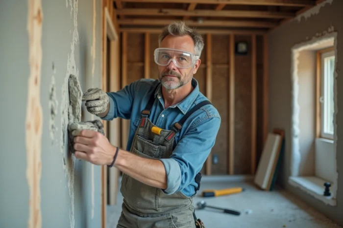 Artisan en train d'appliquer de l'enduit sur une cloison en plaque de plâtre lors de travaux de rénovation intérieure