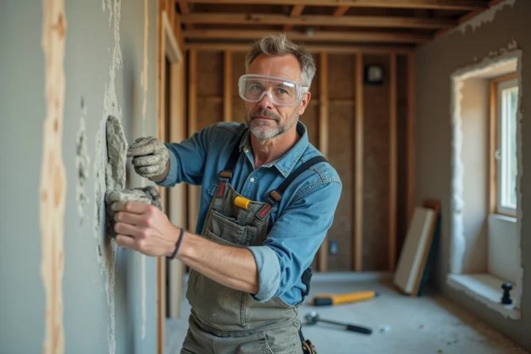 Artisan en train d'appliquer de l'enduit sur une cloison en plaque de plâtre lors de travaux de rénovation intérieure
