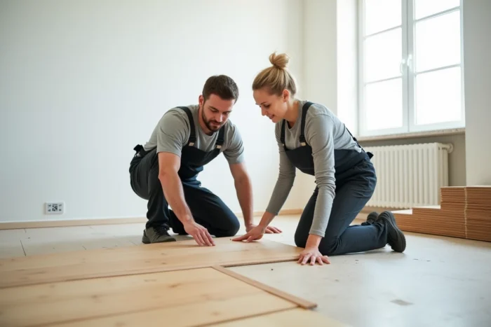 Deux artisans posant un parquet en bois dans un salon en fin de rénovation avec murs fraîchement peints