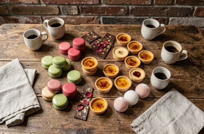 Assortiment de douceurs gourmandes tendance sur table en bois rustique : macarons, chocolat bark et mochi dans un café cosy