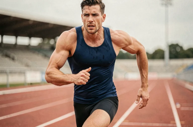 Athlète masculin en plein effort de sprint sur une piste d'athlétisme rouge, illustrant les limites de vitesse du corps humain