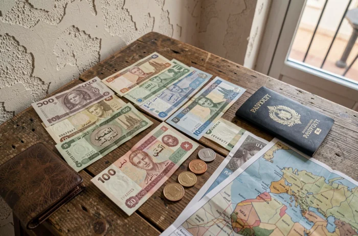 Billets et pièces en livres égyptiennes avec passeport et carte touristique sur table