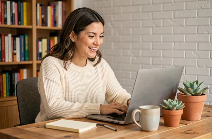 Femme blogueuse amateur travaillant sur son ordinateur portable dans un bureau à domicile chaleureux, entourée de carnets et de plantes