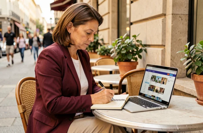 Femme blogueuse écrivant dans un carnet à une terrasse de café urbaine avec un ordinateur portable affichant un tableau de bord de blog