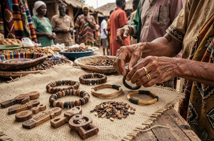 Étalage de bracelets poil d'éléphant sur un marché africain traditionnel, avec talismans en bois et graines séchées sur toile de jute