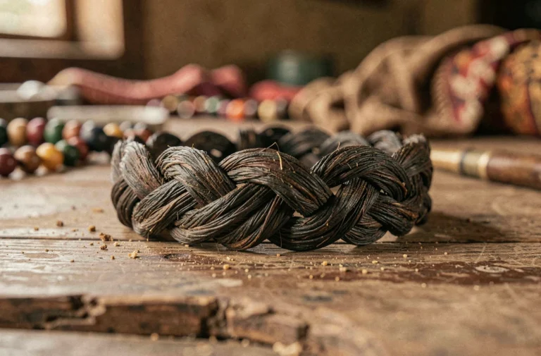 Bracelet poil d'éléphant traditionnel posé sur une surface en bois usé, gros plan artisanal avec détails de la tresse en fibres naturelles
