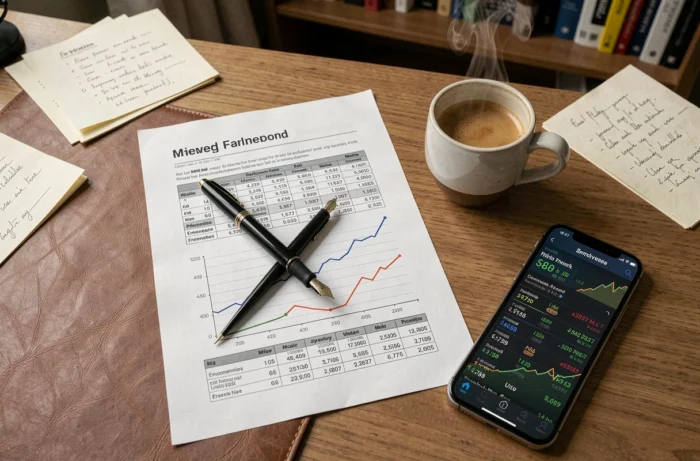 Vue aérienne d'un bureau avec rapport financier imprimé sur l'indexeuro PX1, stylo plume et smartphone affichant un indice boursier