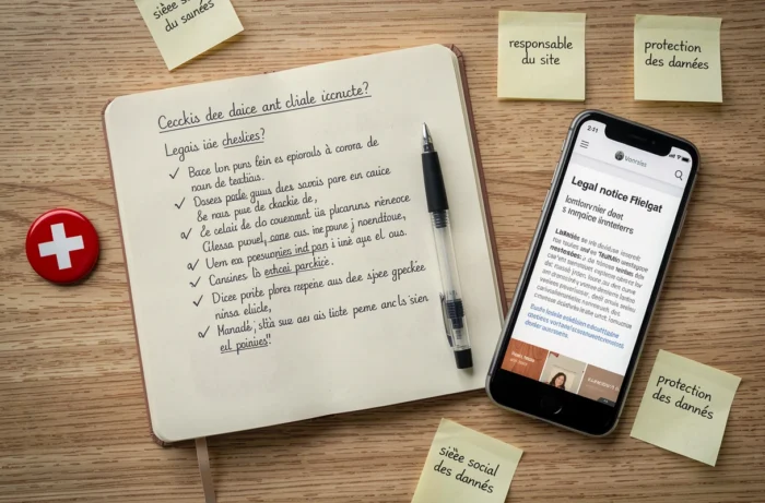 Vue de dessus d'un bureau avec un cahier de checklist des mentions légales obligatoires pour un site internet en Suisse, un drapeau suisse et un smartphone