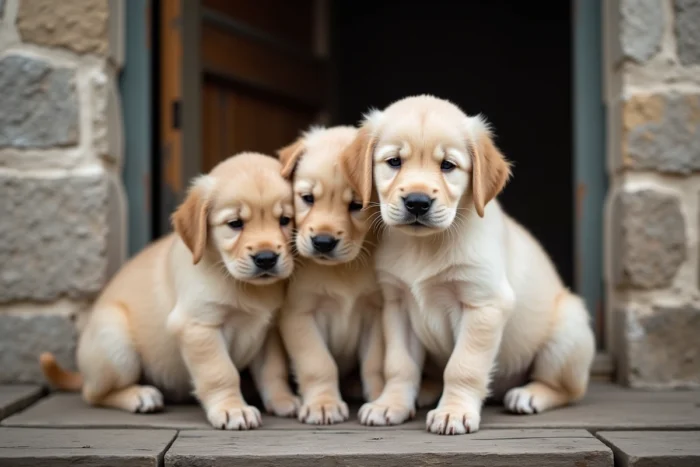 Chiots Golden Retriever sur le porche d'une ferme en pierre traditionnelle de Bourgogne-Franche-Comté