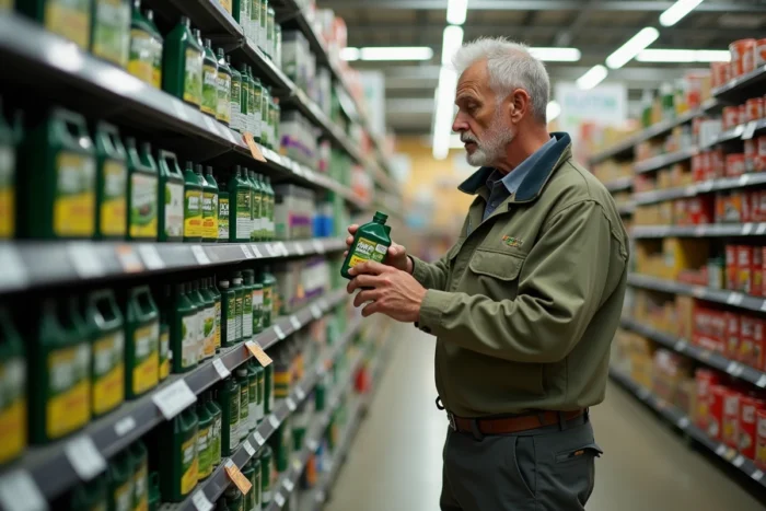 Homme comparant des traitements herbicides chimiques contre l'oxalis dans un magasin de jardinage