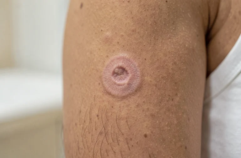 Cicatrice ronde caractéristique du vaccin BCG sur le bras d'une femme adulte, vue en gros plan macro