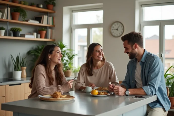 Groupe de jeunes actifs partageant un appartement en coliving moderne dans une ville d'Île-de-France abordable