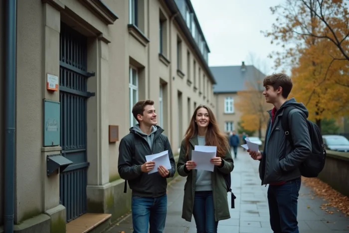 Groupe de collégiens découvrant leurs résultats du brevet devant l'entrée du collège Braque à Dieppe