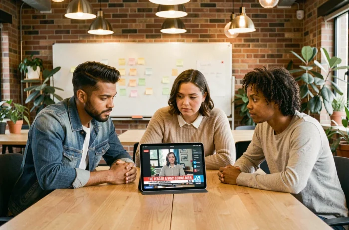 Groupe de collègues regardant un flux d'actualités en direct sur une tablette dans un espace de travail collaboratif moderne