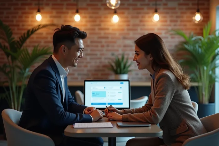 Deux collègues comparant des solutions de gestion bancaire pour entreprise sur ordinateur portable