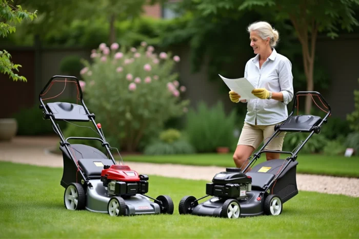 Femme comparant deux tondeuses thermiques de différentes cylindrées dans un jardin, tenant une fiche technique pour choisir la puissance adaptée