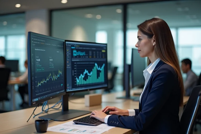 Professionnelle analysant des solutions bancaires entreprise sur ordinateur dans un bureau moderne