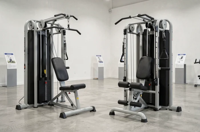 Comparatif de deux stations de musculation multifonction côte à côte dans un showroom de fitness
