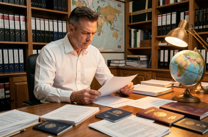 Comptable analysant des documents fiscaux internationaux dans un bureau avec carte du monde et dossiers de conventions fiscales
