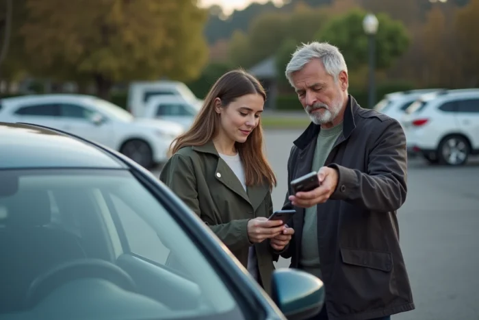 Conducteur et passager vérifiant la confirmation de paiement Blablacar sur un smartphone dans un parking