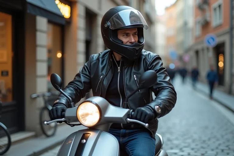 Homme en veste de moto et casque intégral assis sur un scooter 125cc dans une rue urbaine pavée