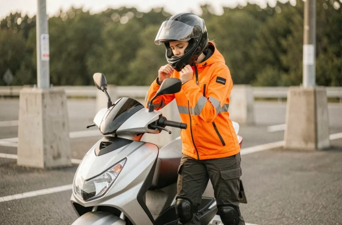 Femme motocycliste ajustant son casque homologué ECE avant de prendre l'autoroute avec un maxi-scooter, équipée d'une veste réfléchissante et d'un pantalon renforcé