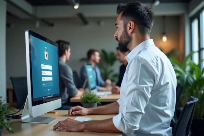 Homme naviguant sur un portail affilié Securitest depuis un poste de travail informatique en open space