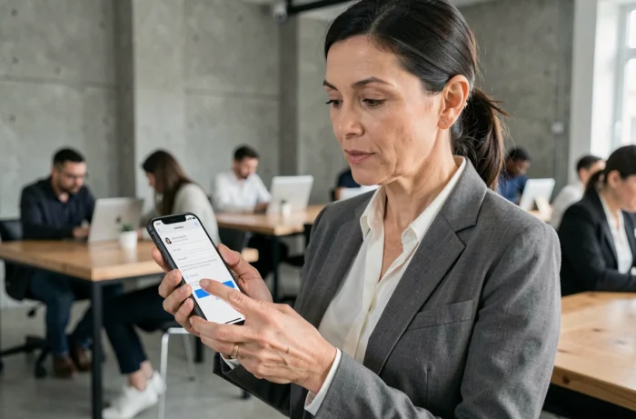 Femme utilisant son smartphone pour se connecter à Profession FDJ dans un espace de coworking