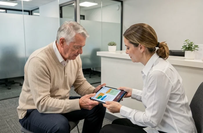 Un retraité et une conseillère examinent ensemble un plan de prévoyance IRCEM sur une tablette dans une agence