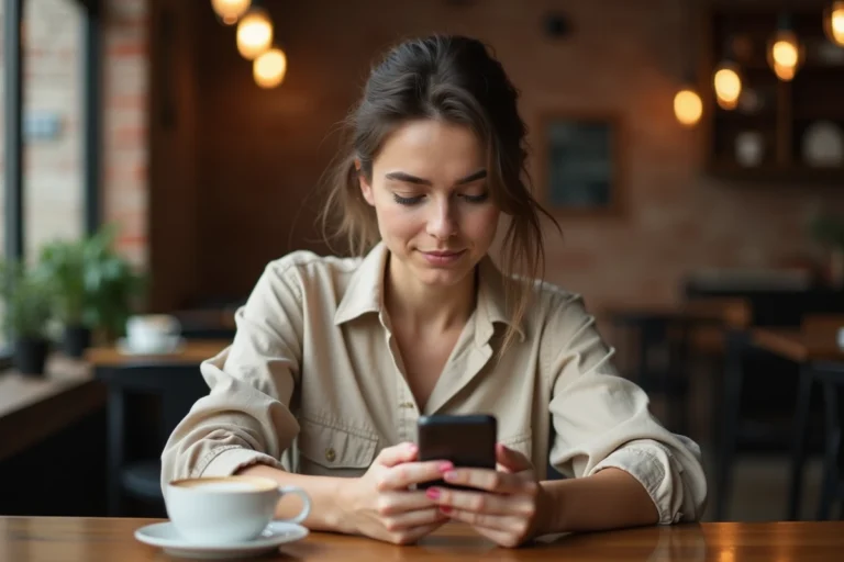Jeune femme consultant anonymement Instagram sur son smartphone dans un café urbain