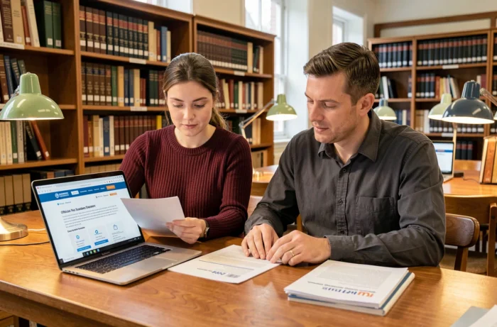 Deux étudiants ou collègues consultant ensemble des normes officielles en ligne et sur papier dans une bibliothèque