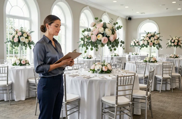 Coordinatrice de mariage supervisant la décoration d'une salle de réception élégante avec des fleurs et des nappes blanches