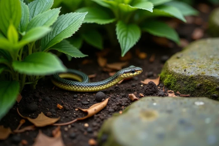 Couleuvre dans un jardin naturel près de ses déjections, illustrant le rôle bénéfique du serpent pour l'écosystème du jardin