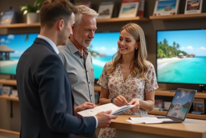 Un couple de voyageurs en consultation avec un agent de voyage dans une agence moderne, comparant des offres de séjours haut de gamme concurrentes