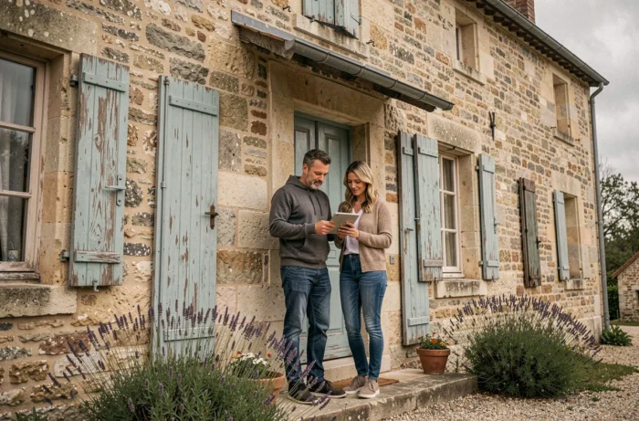 Couple examinant les garanties de leur assurance habitation devant leur maison en pierre