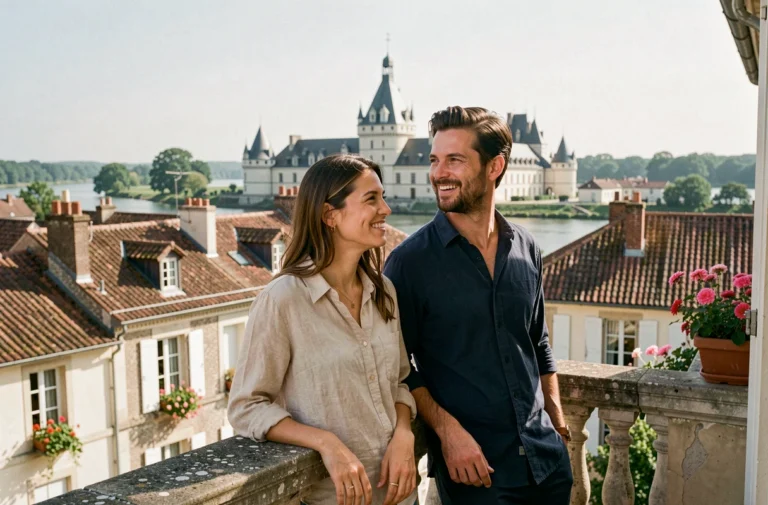 Couple profitant d'un balcon d'appart'hôtel avec vue sur les toits d'Amboise et le Château