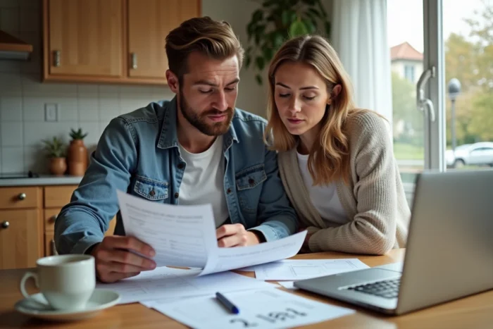 Couple comparant des estimations immobilières en ligne et des documents imprimés dans une cuisine de maison individuelle