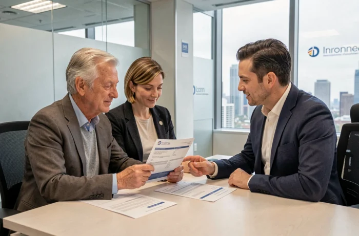 Couple consultant un conseiller en assurance pour la protection de leur patrimoine immobilier