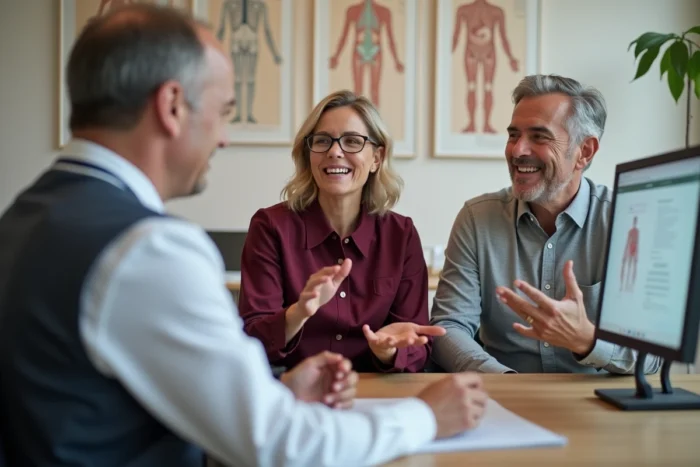 Couple en consultation chez un médecin généraliste pour optimiser leur suivi médical et réduire les coûts de santé