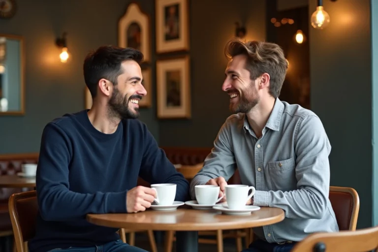 Deux hommes souriants attablés dans un café parisien, partageant un moment complice autour d'un café
