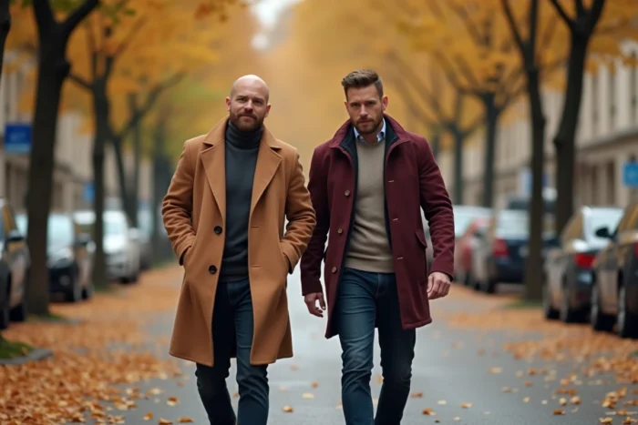Deux hommes marchant côte à côte sur un boulevard parisien en automne, dans une ambiance détendue et complice